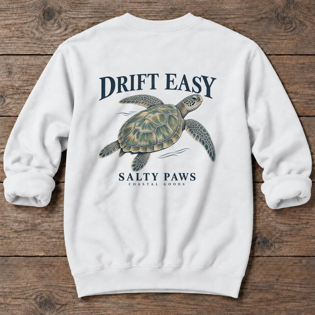 Drift Easy Sea Turtle Salty Paws Coastal Goods Back Design Midweight Sweatshirt in White, Salty Paws Midweight Sweatshirt, back design flat lay