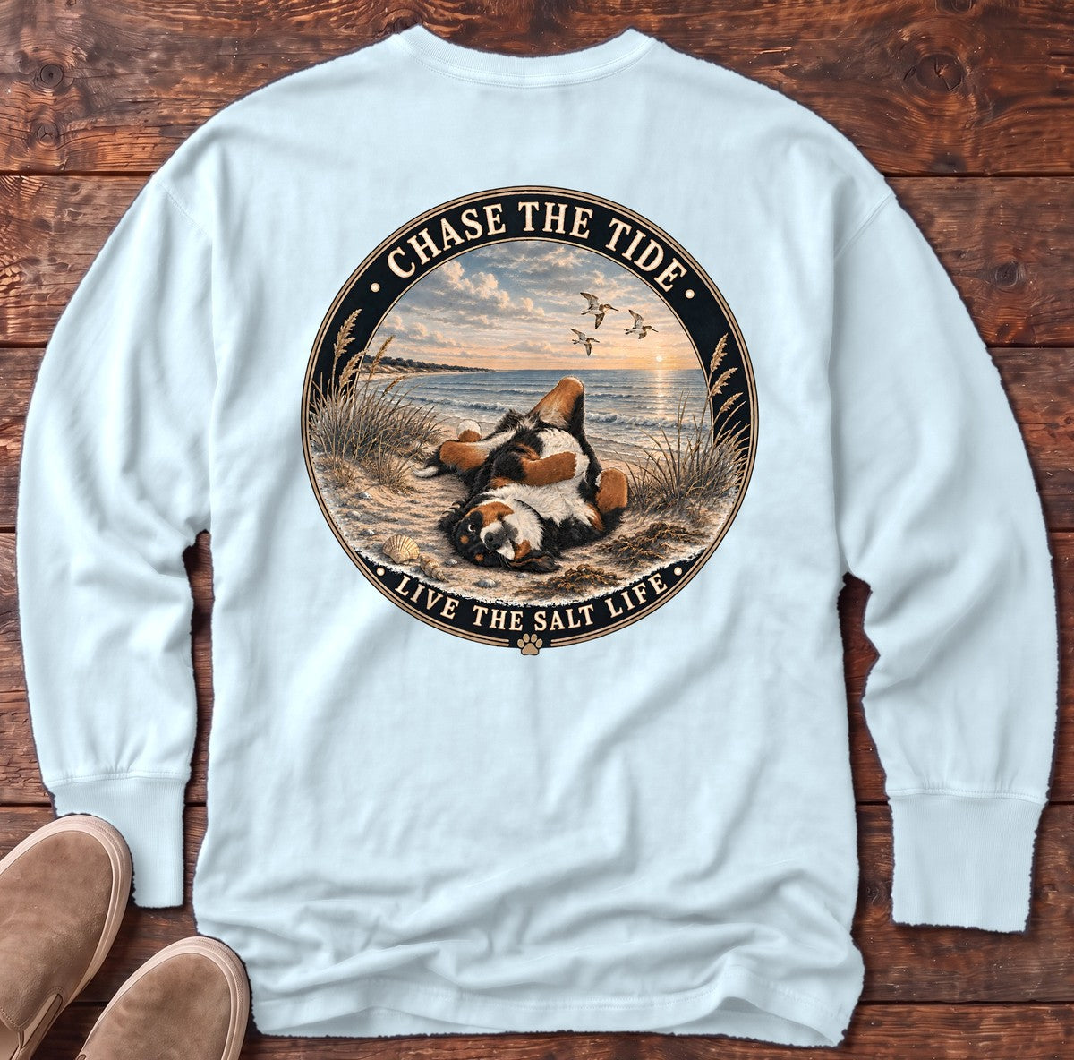 Chase the Tide Bernese Mountain Dog Back Design Long Sleeve Tee in Chambray, Salty Paws Comfort Colors long sleeve tee