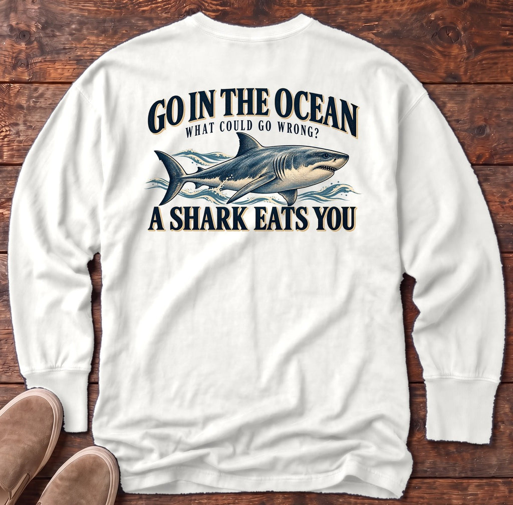 Go in the Ocean Shark Back Design Long Sleeve Tee in White, Salty Paws Comfort Colors long sleeve tee