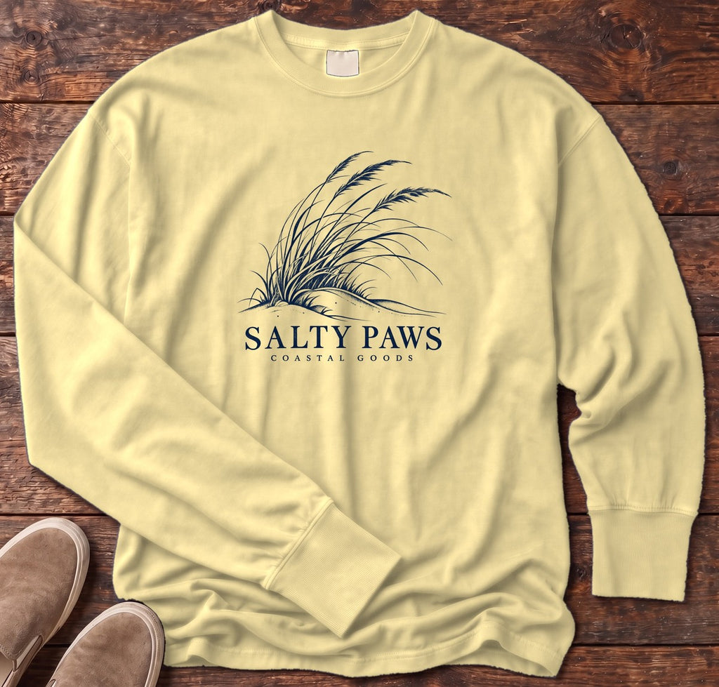 Salty Paws Dune Grass Long Sleeve Tee in Butter, Salty Paws Comfort Colors Long Sleeve Tee, front design flat lay