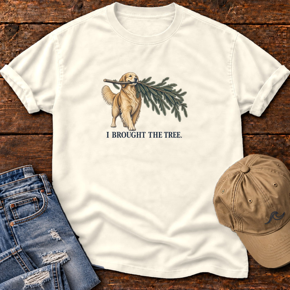 I Brought the Tree Golden Retriever T-Shirt in Ivory, Salty Paws Comfort Colors T-Shirt, front design flat lay