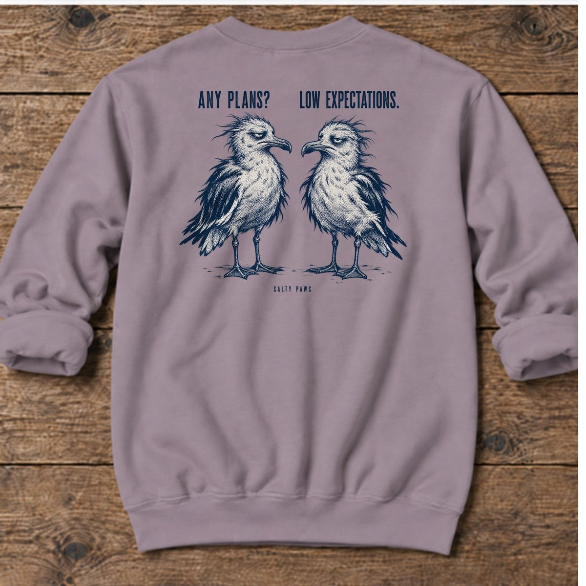 Any Plans Low Expectations Seagulls Back Design Midweight Sweatshirt in Paragon, Salty Paws Midweight Sweatshirt, back design flat lay