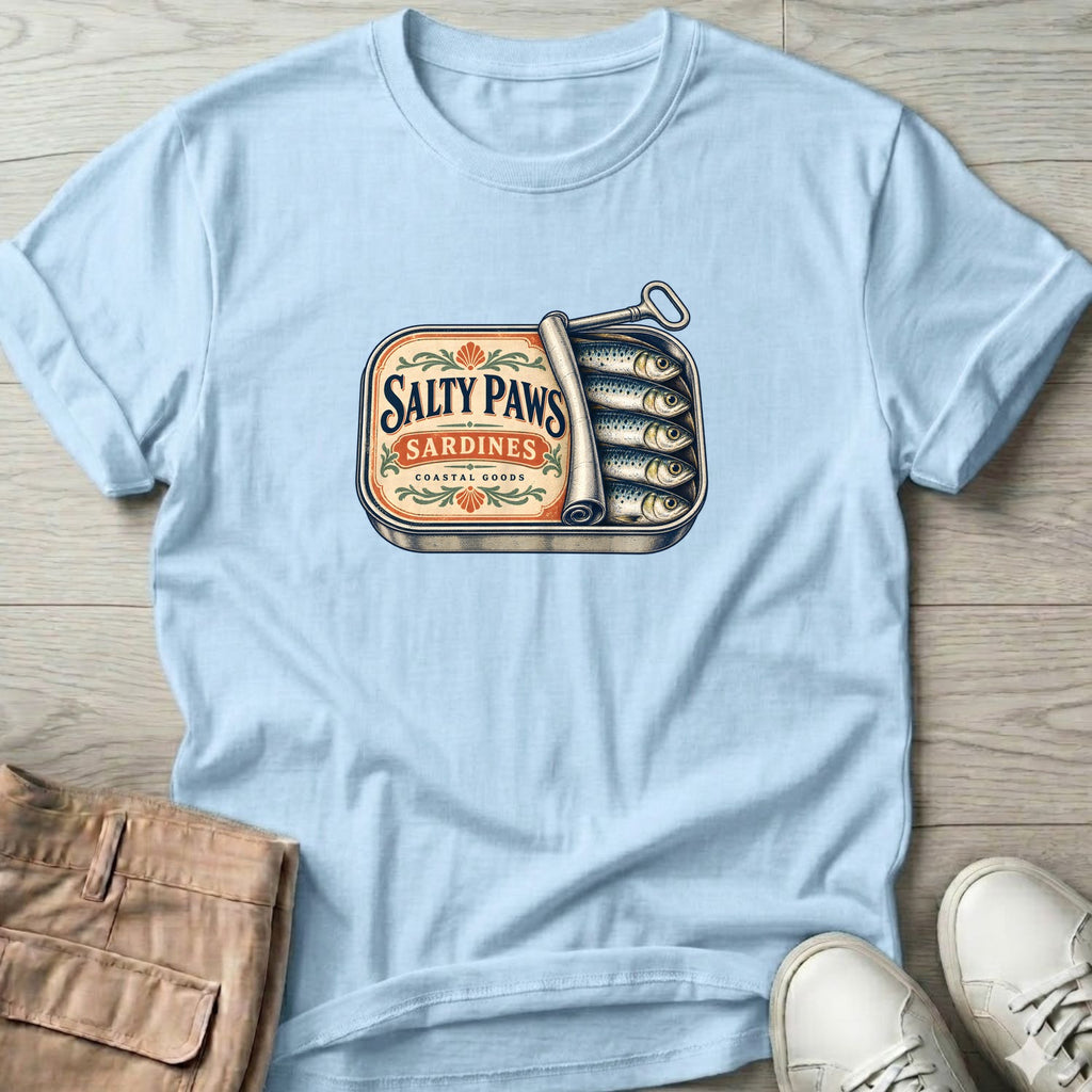Salty Paws Sardines Coastal Goods T-Shirt in Light Blue, Salty Paws T-Shirt, front design flat lay