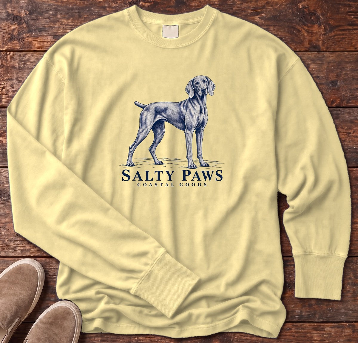 Weimaraner Coastal Goods Long Sleeve Tee in Butter, Salty Paws Comfort Colors Long Sleeve Tee, front design flat lay