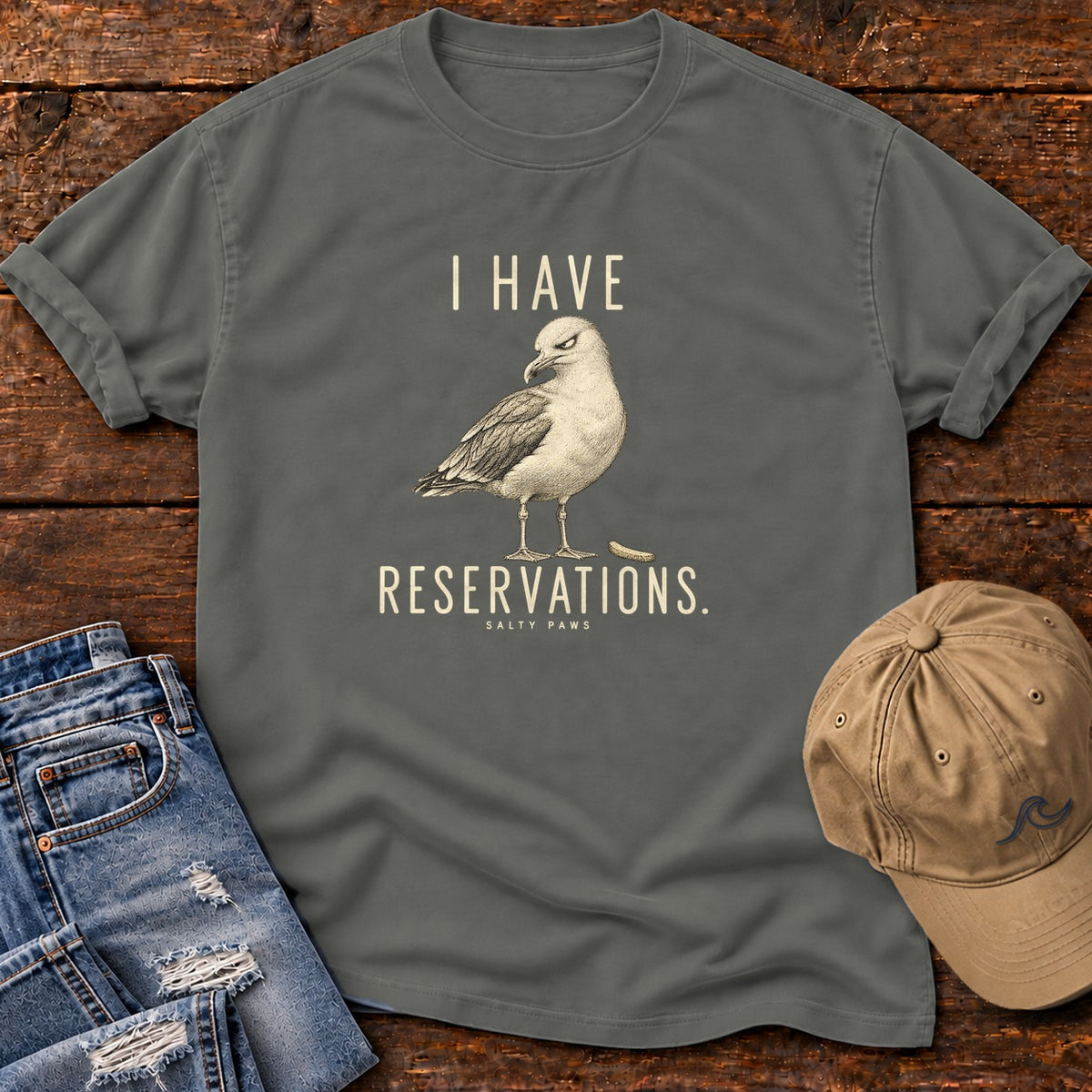 I Have Reservations Seagull T-Shirt in Pepper, Salty Paws Comfort Colors T-Shirt, front design flat lay