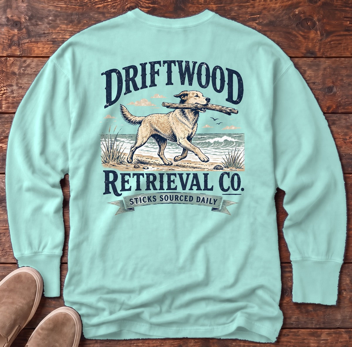 Driftwood Retriever Back Design Long Sleeve Tee in Chalky Mint, Salty Paws Comfort Colors long sleeve tee