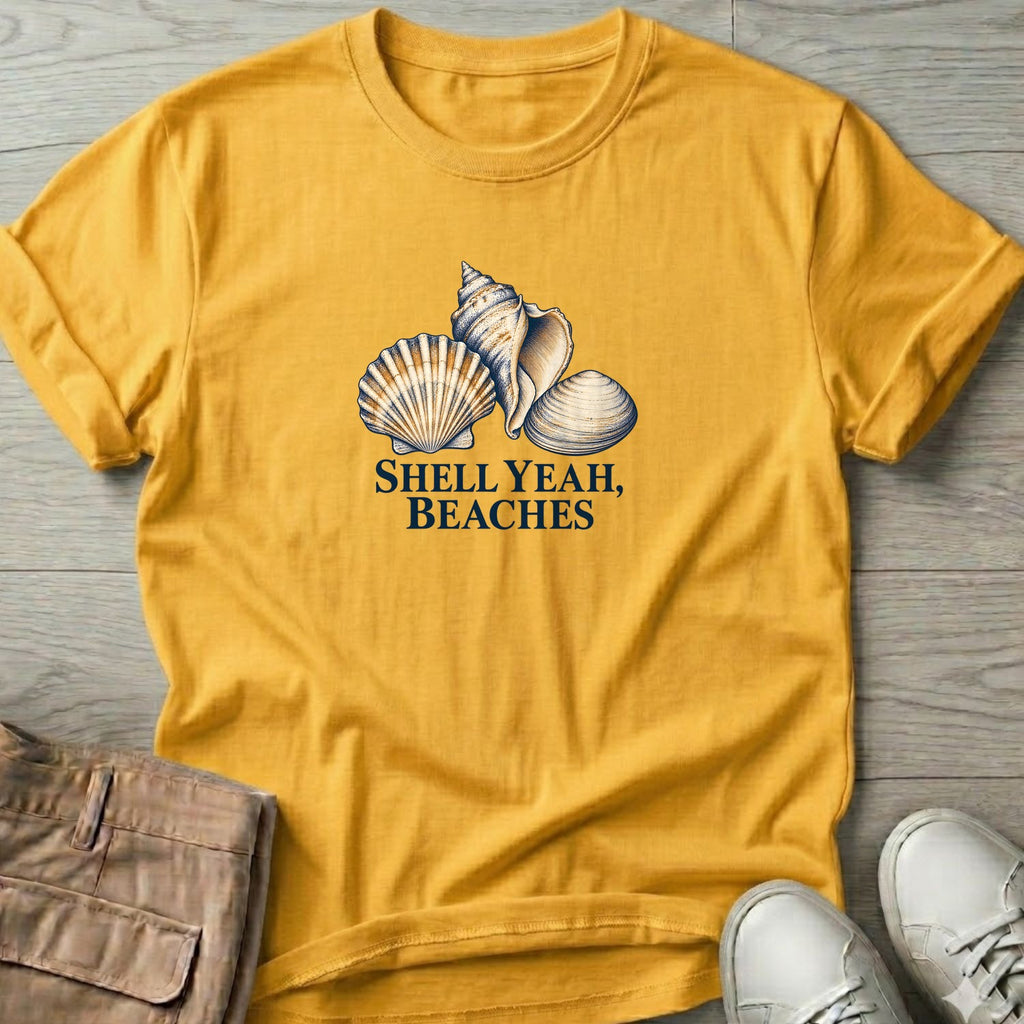 Shell Yeah Beaches T-Shirt in Daisy, Salty Paws T-Shirt, front design flat lay