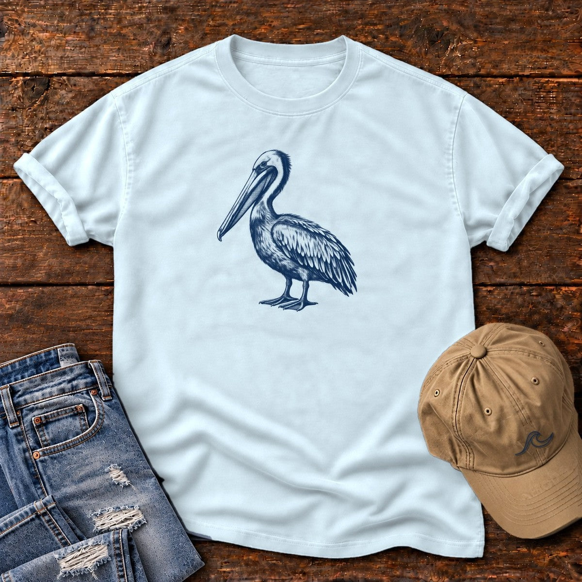 Navy Pelican Portrait T-Shirt in Chambray, Salty Paws Comfort Colors T-Shirt, front design flat lay