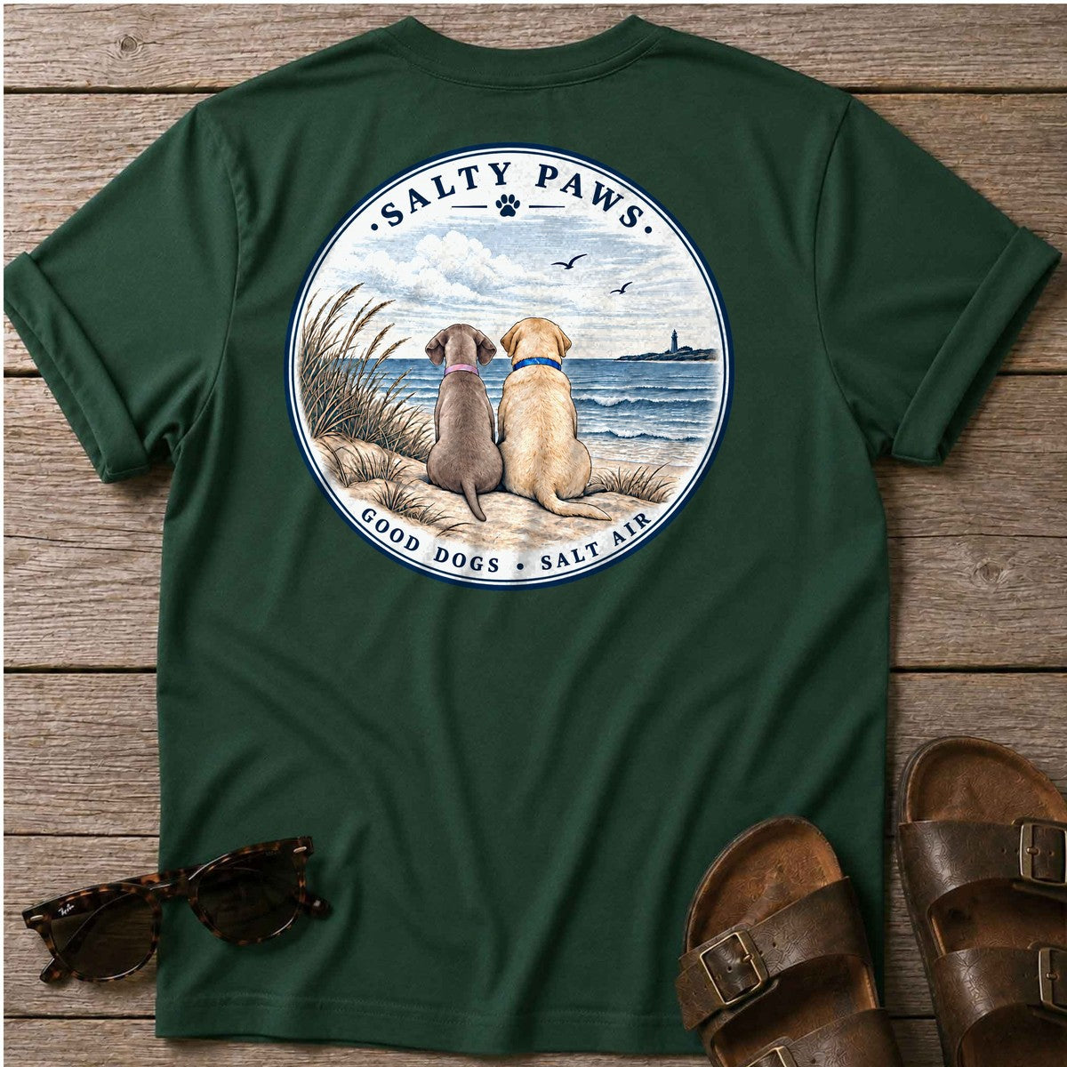 BEACH Pelican Weim & Labrador BACK T-Shirt in Forest Green, Salty Paws coastal t-shirt