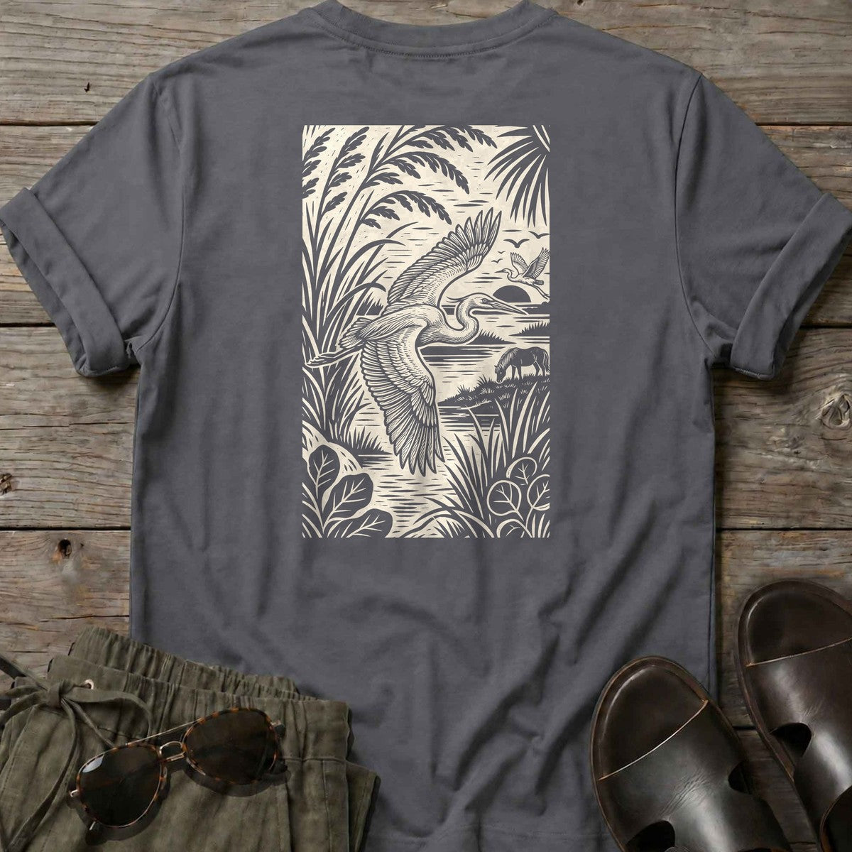Egret Woodcut Back Design T-Shirt in Charcoal, Salty Paws coastal t-shirt