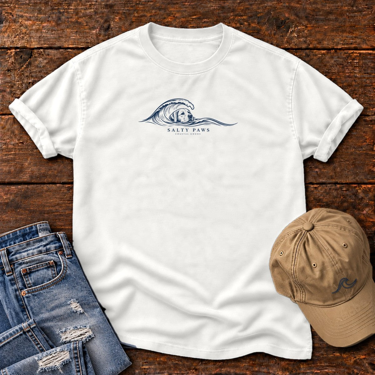 Labrador Wave T-Shirt in White, Salty Paws Comfort Colors T-Shirt, front design flat lay