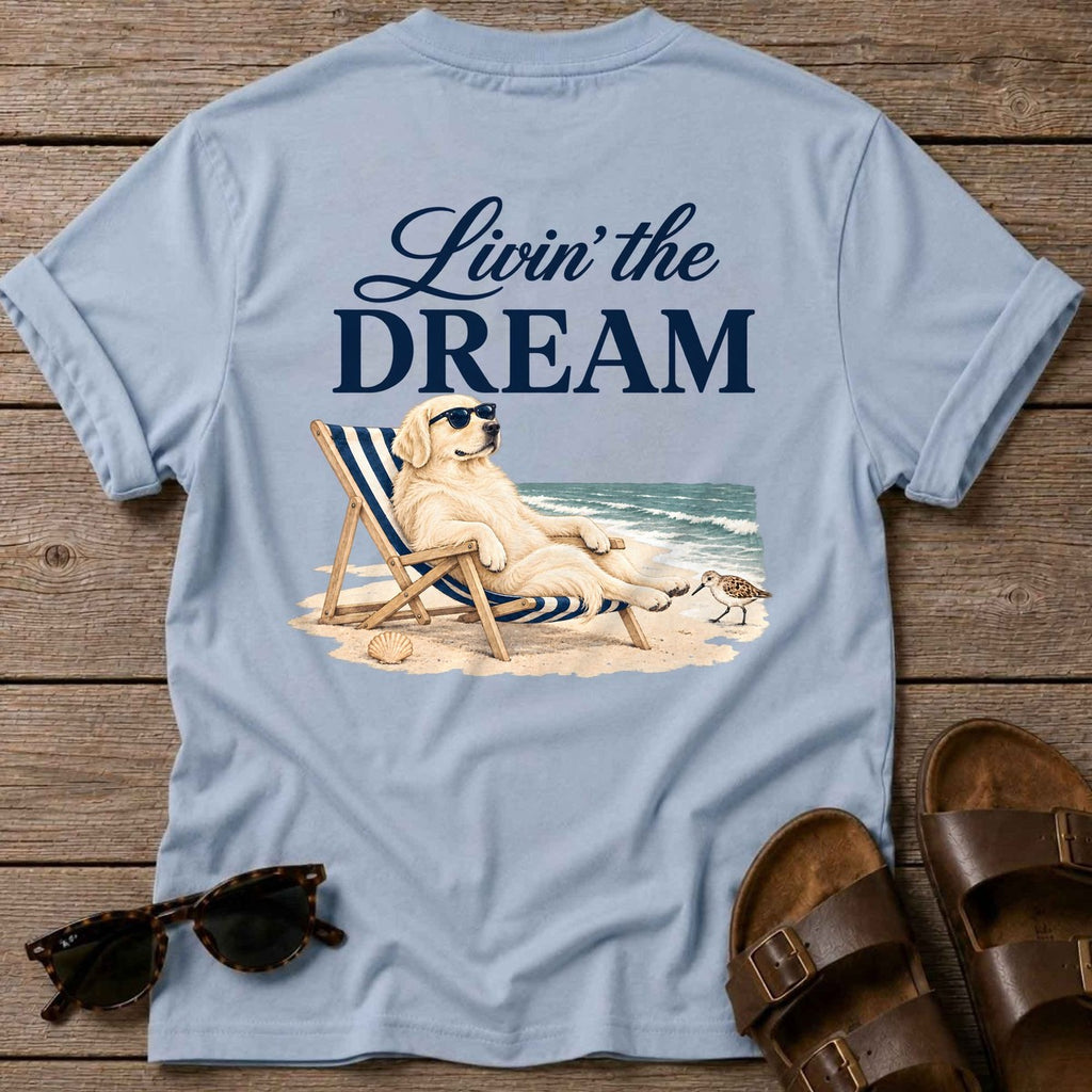 Livin' the Dream Cream Retriever Back Design T-Shirt in Light Blue, Salty Paws coastal t-shirt