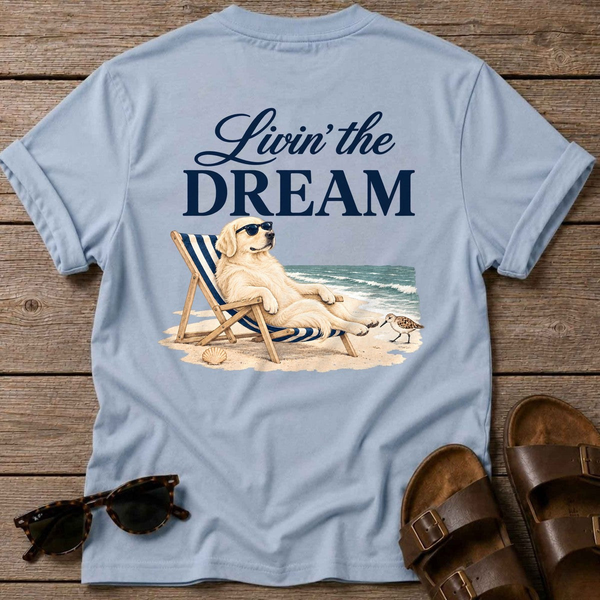 Livin' the Dream Cream Retriever Back Design T-Shirt in Light Blue, Salty Paws coastal t-shirt