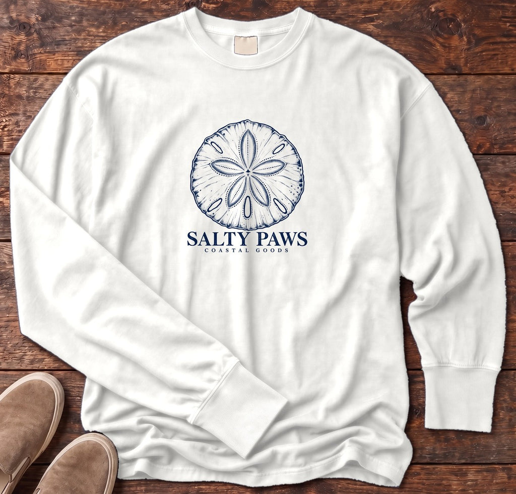 Sand Dollar Long Sleeve Tee in White, Salty Paws Comfort Colors Long Sleeve Tee, front design flat lay