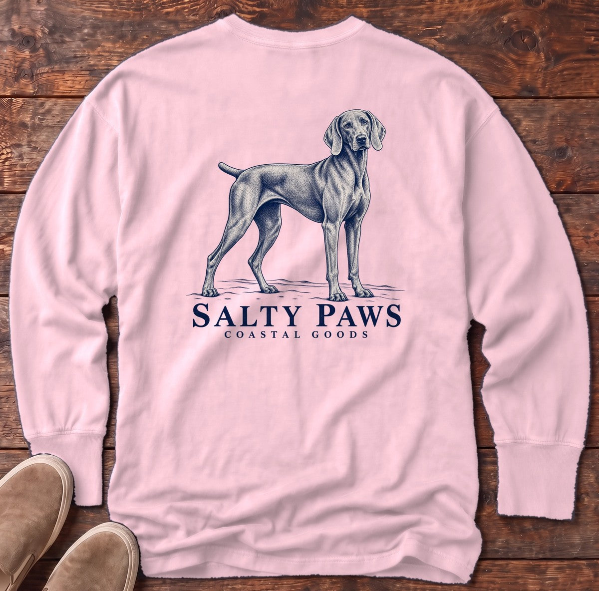 Weimaraner Coastal Goods Back Design Long Sleeve Tee in Blossom, Salty Paws Comfort Colors Long Sleeve Tee, back design flat lay