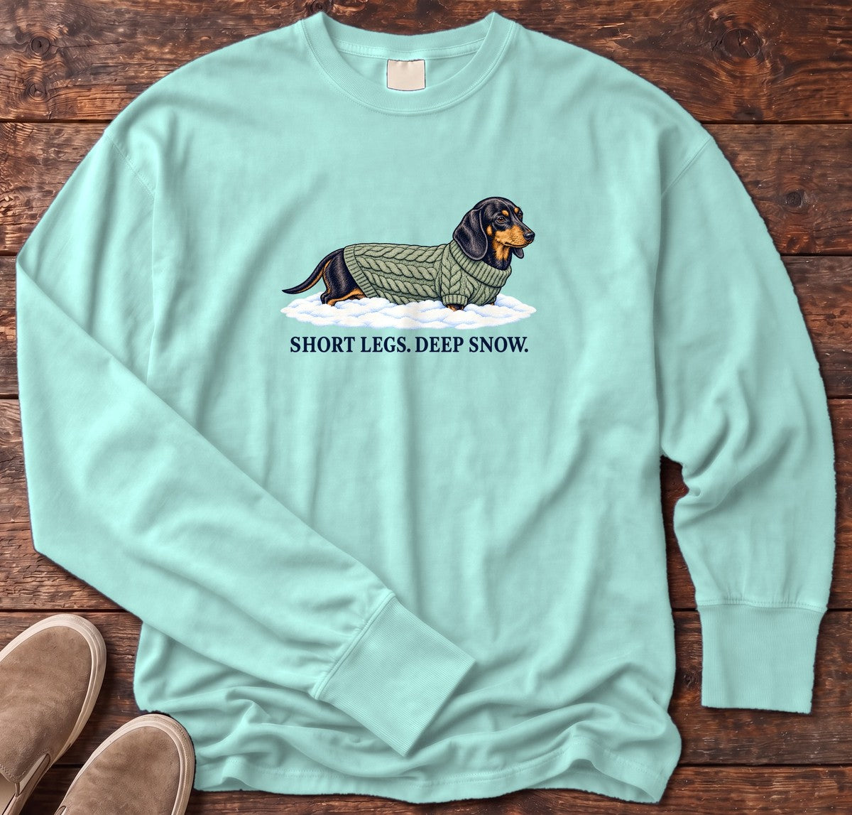 Short Legs Deep Snow Dachshund Long Sleeve Tee in Chalky Mint, Salty Paws Comfort Colors Long Sleeve Tee, front design flat lay