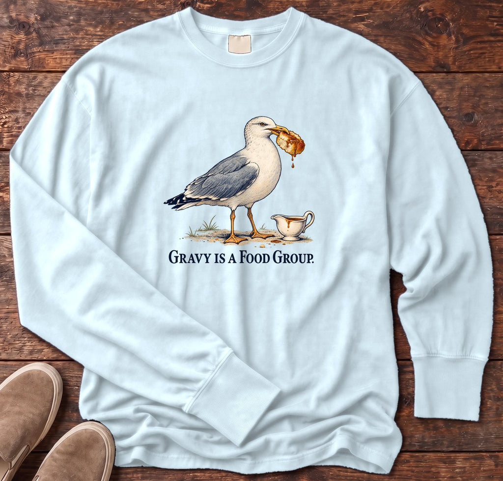 Gravy Is a Food Group Seagull Long Sleeve Tee in Chambray, Salty Paws Comfort Colors Long Sleeve Tee, front design flat lay