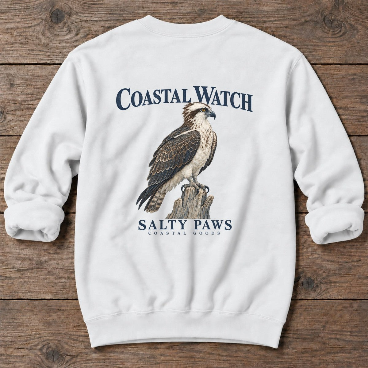 Coastal Watch Osprey Salty Paws Coastal Goods Back Design Midweight Sweatshirt in White, Salty Paws Midweight Sweatshirt, back design flat lay