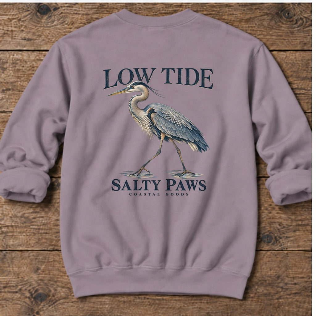 Low Tide Heron Salty Paws Coastal Goods Back Design Midweight Sweatshirt in Paragon, Salty Paws Midweight Sweatshirt, back design flat lay