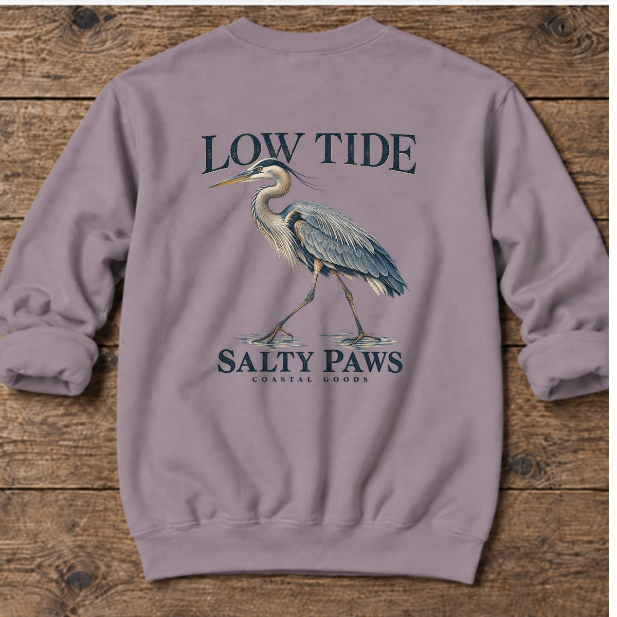 Low Tide Heron Salty Paws Coastal Goods Back Design Midweight Sweatshirt in Paragon, Salty Paws Midweight Sweatshirt, back design flat lay
