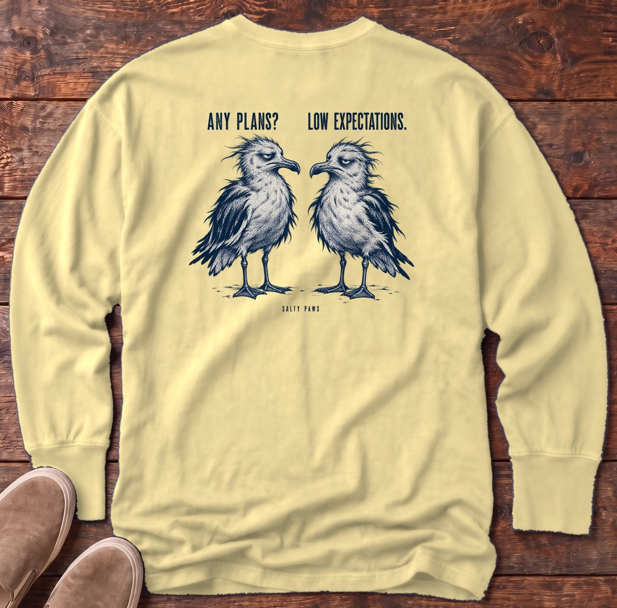 Any Plans Low Expectations Seagulls Back Design Long Sleeve Tee in Butter, Salty Paws Comfort Colors Long Sleeve Tee, back design flat lay