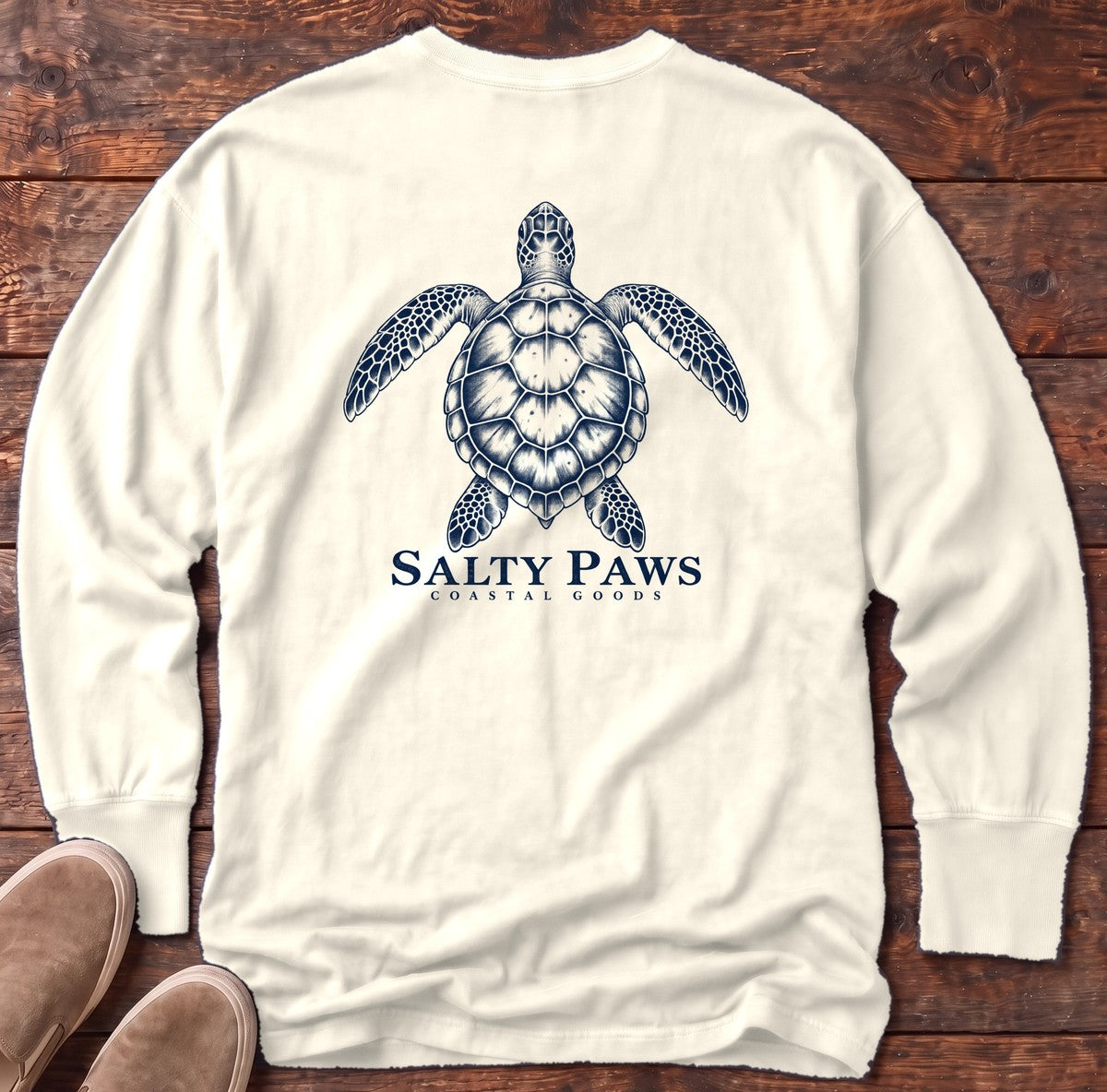 Sea Turtle Coastal Goods Back Design Long Sleeve Tee in Ivory, Salty Paws Comfort Colors Long Sleeve Tee, back design flat lay