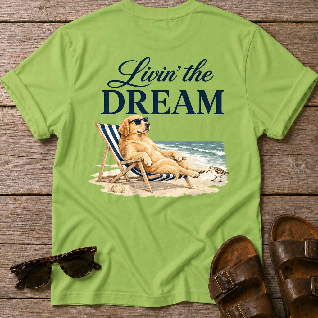 Livin' the Dream Golden Retriever Back Design T-Shirt in Kiwi, Salty Paws coastal t-shirt