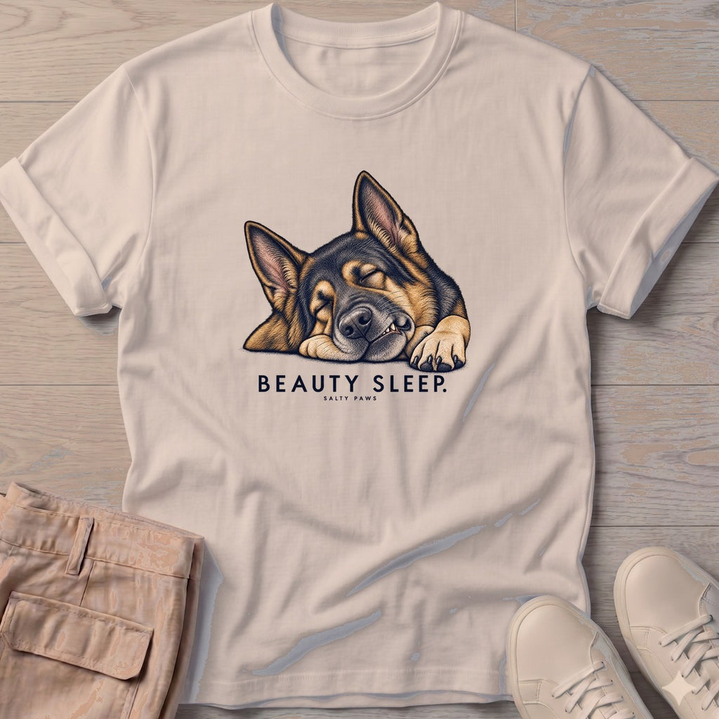 Beauty Sleep German Shepherd T-Shirt in Sand, Salty Paws T-Shirt, front design flat lay