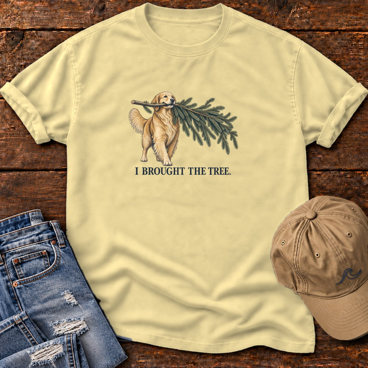 I Brought the Tree Golden Retriever T-Shirt in Butter, Salty Paws Comfort Colors T-Shirt, front design flat lay