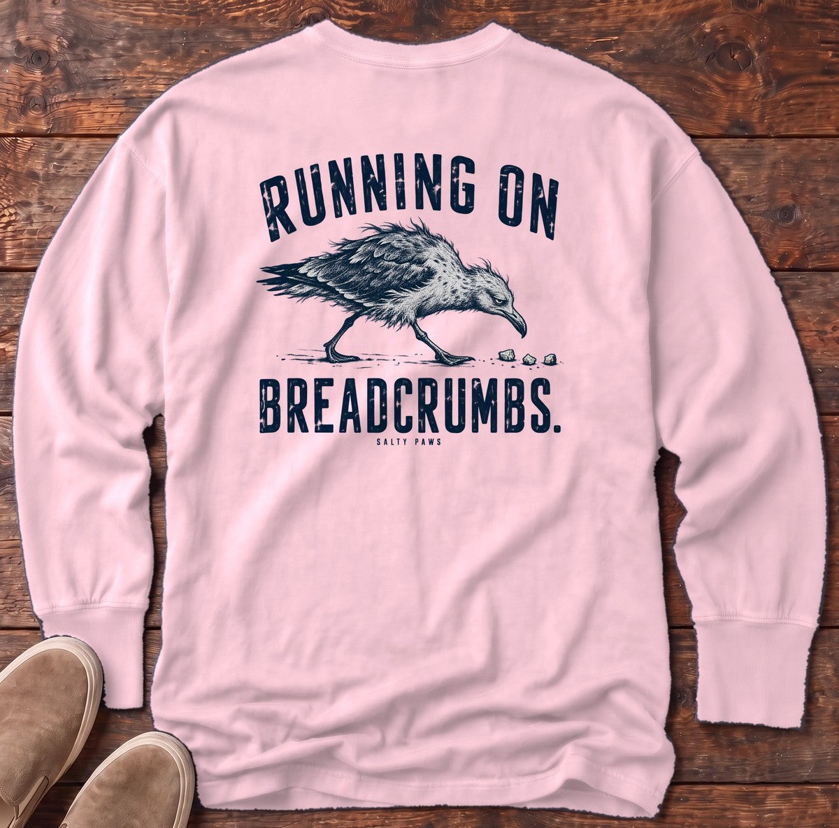 Running on Breadcrumbs Seagull Back Design Long Sleeve Tee in Blossom, Salty Paws Comfort Colors Long Sleeve Tee, back design flat lay