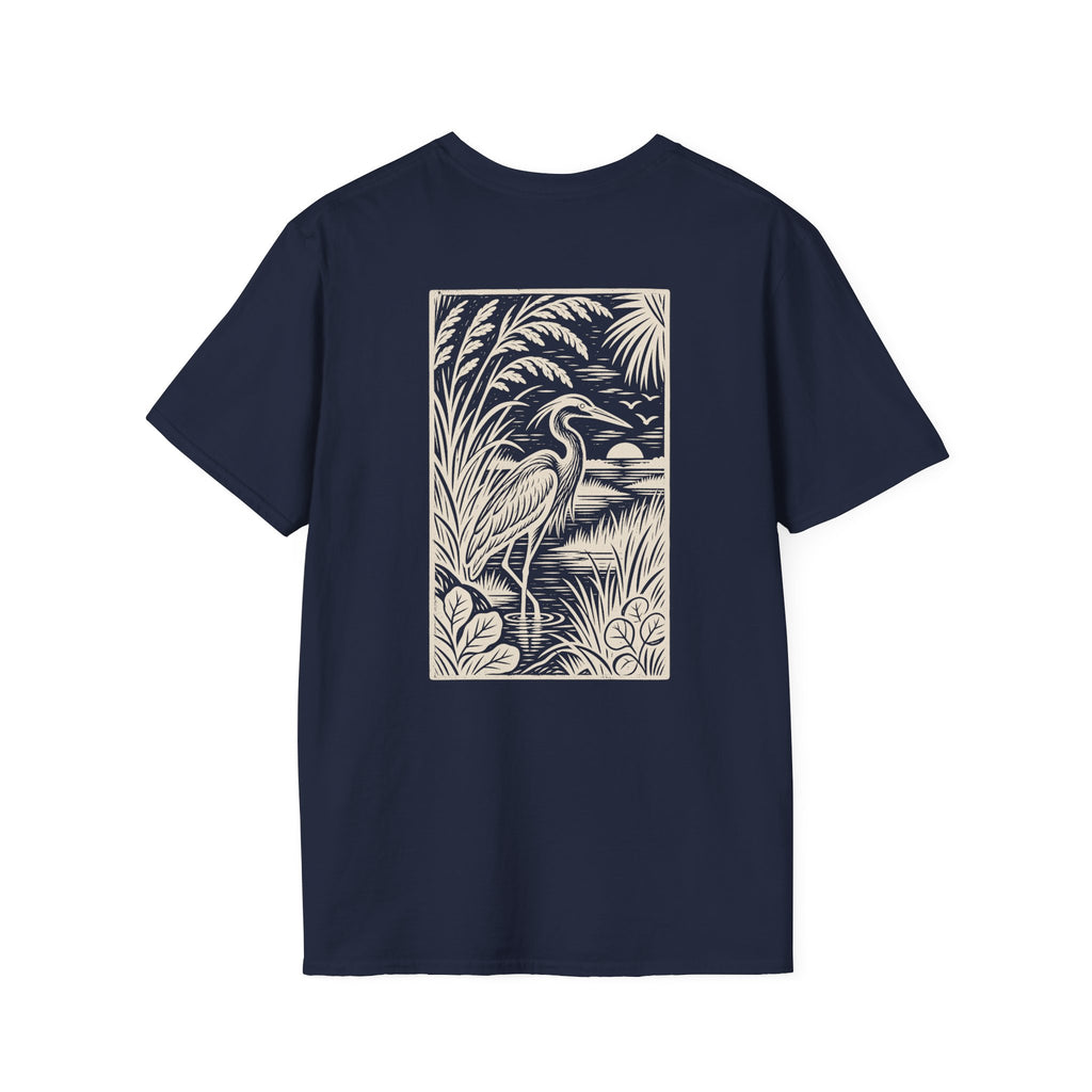 Heron Woodcut Back Design T-Shirt