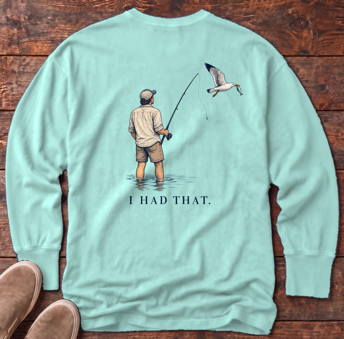 I Had That Seagull Back Design Long Sleeve Tee in Chalky Mint, Salty Paws Comfort Colors Long Sleeve Tee, back design flat lay