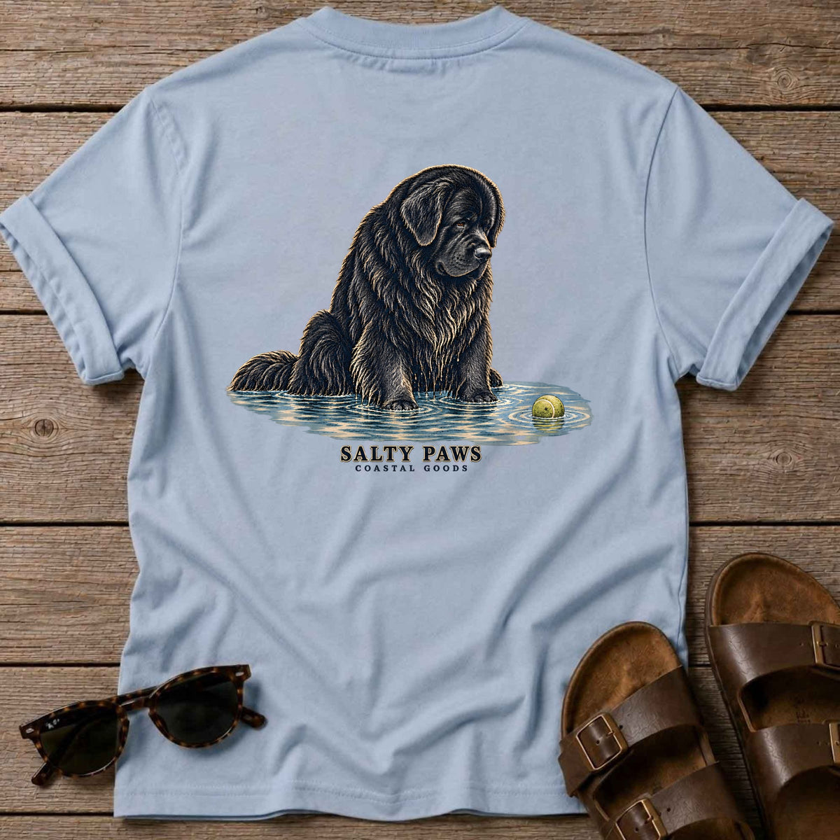 Newfoundland Ball Back Design T-Shirt in Light Blue, Salty Paws T-Shirt, back design flat lay