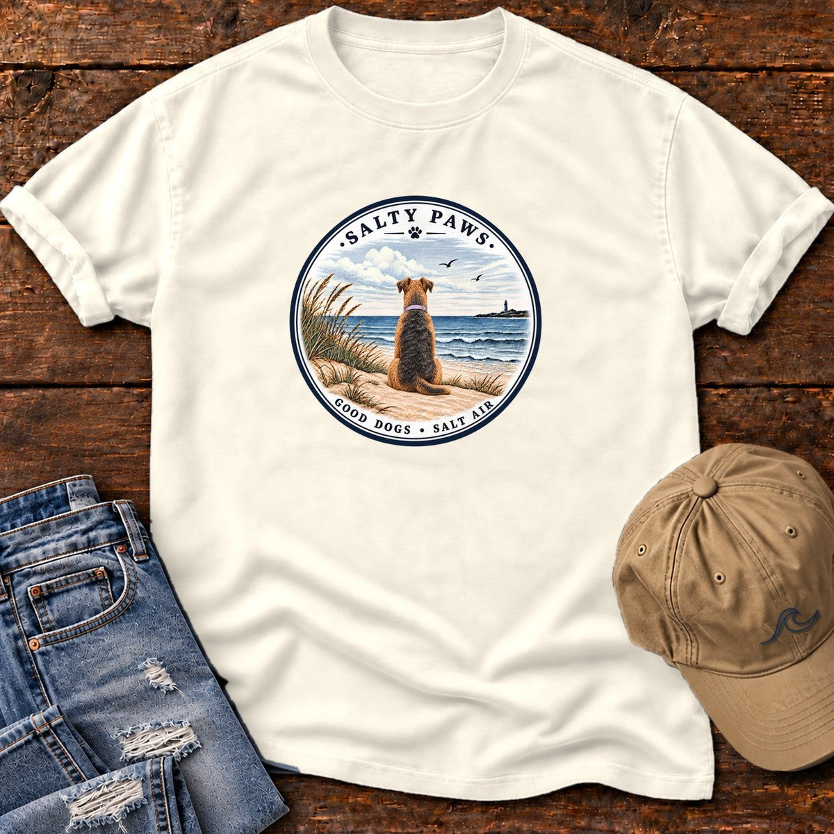 Good Dogs Salt Air Airedale T-Shirt in Ivory, Salty Paws Comfort Colors T-Shirt, front design flat lay