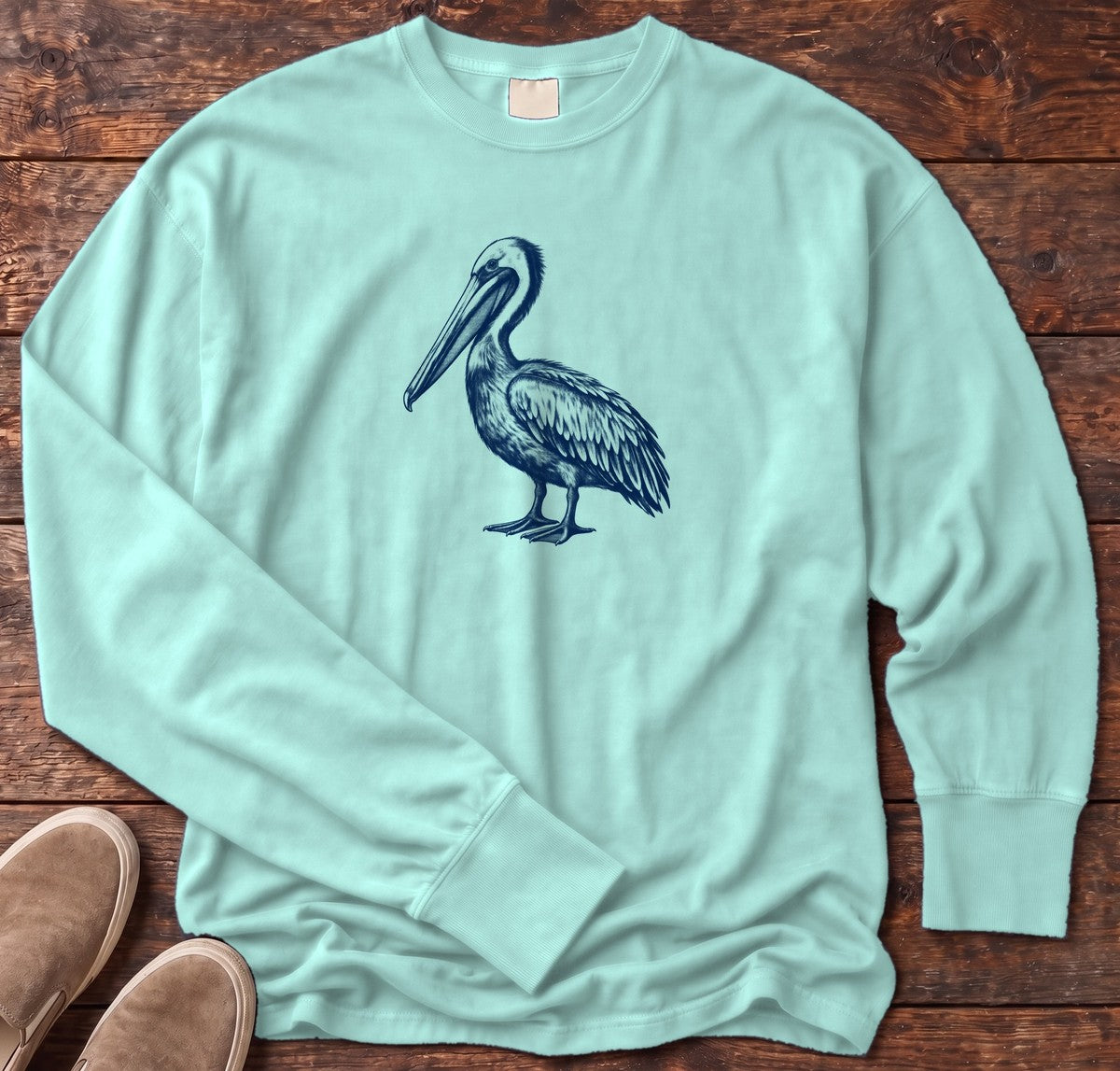 Navy Pelican Portrait Long Sleeve Tee in Chalky Mint, Salty Paws Comfort Colors Long Sleeve Tee, front design flat lay