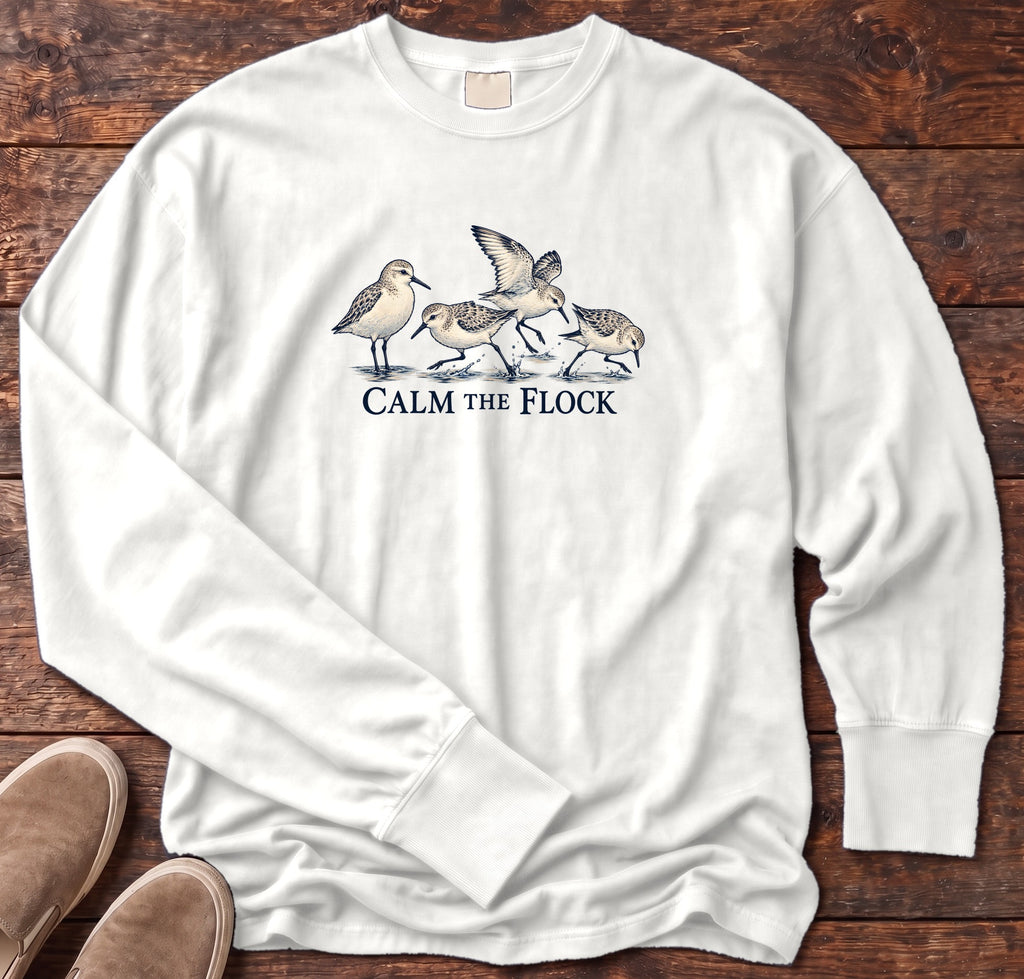 Calm the Flock Sandpipers Long Sleeve Tee in White, Salty Paws Comfort Colors Long Sleeve Tee, front design flat lay