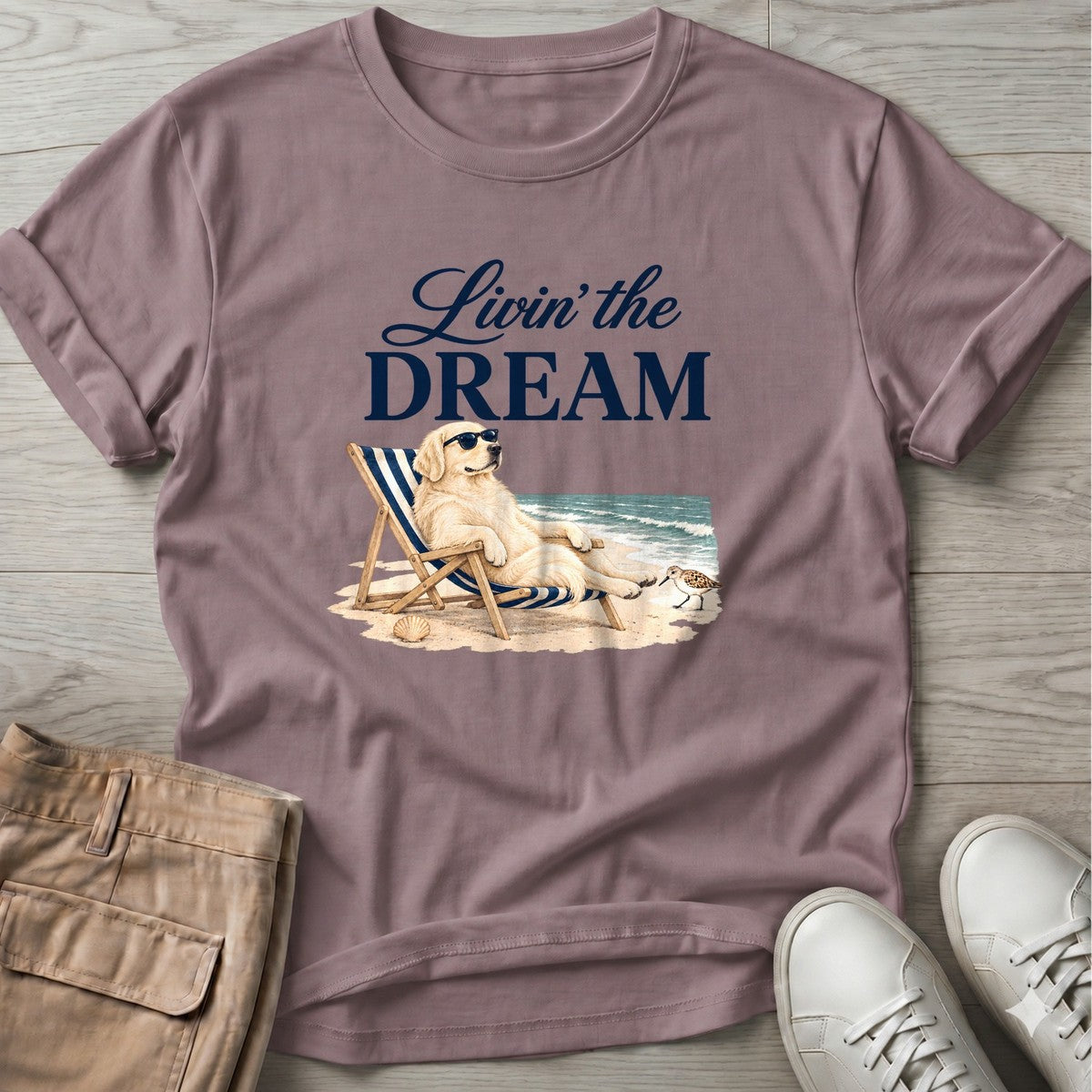 Livin' the Dream Cream Retriever T-Shirt in Paragon, Salty Paws coastal t-shirt