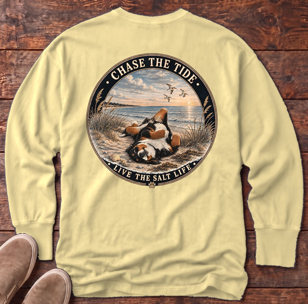 Chase the Tide Bernese Mountain Dog Back Design Long Sleeve Tee in Butter, Salty Paws Comfort Colors long sleeve tee