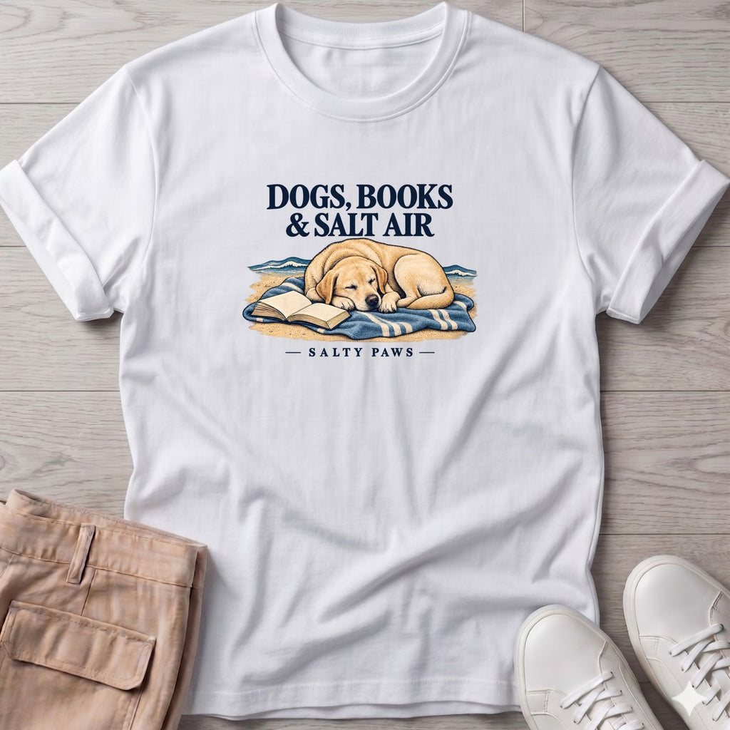 Dogs, Books & Salt Air Yellow Lab T-Shirt in White, Salty Paws T-Shirt, front design flat lay