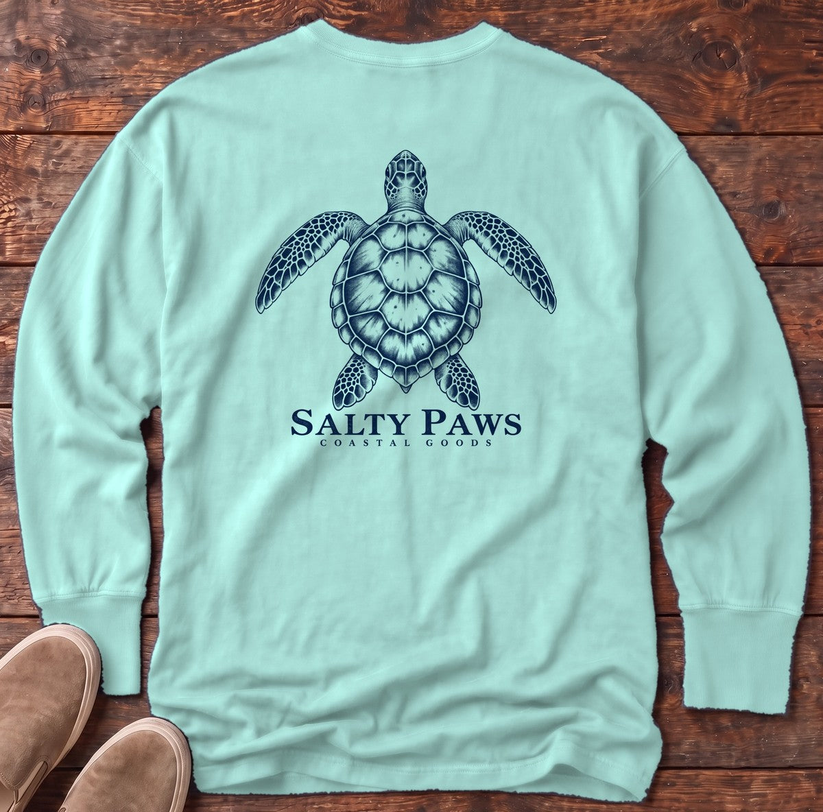 Sea Turtle Coastal Goods Back Design Long Sleeve Tee in Chalky Mint, Salty Paws Comfort Colors Long Sleeve Tee, back design flat lay
