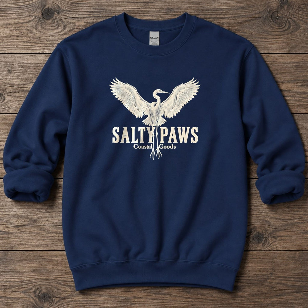 Rising Egret Salty Paws Coastal Goods Midweight Sweatshirt in Navy, Salty Paws Midweight Sweatshirt, front design flat lay