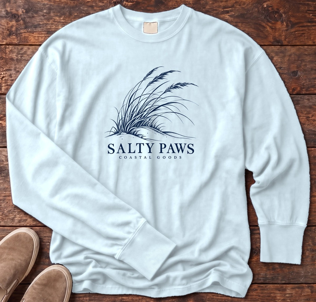 Salty Paws Dune Grass Long Sleeve Tee in Chambray, Salty Paws Comfort Colors Long Sleeve Tee, front design flat lay