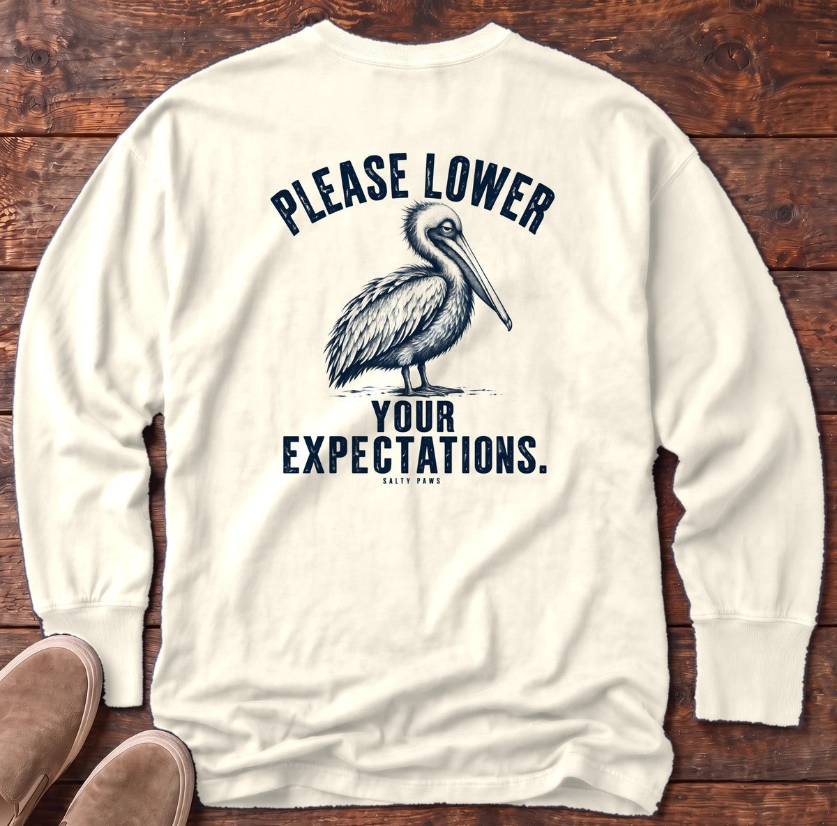 Please Lower Your Expectations Pelican Back Design Long Sleeve Tee in Ivory, Salty Paws Comfort Colors Long Sleeve Tee, back design flat lay