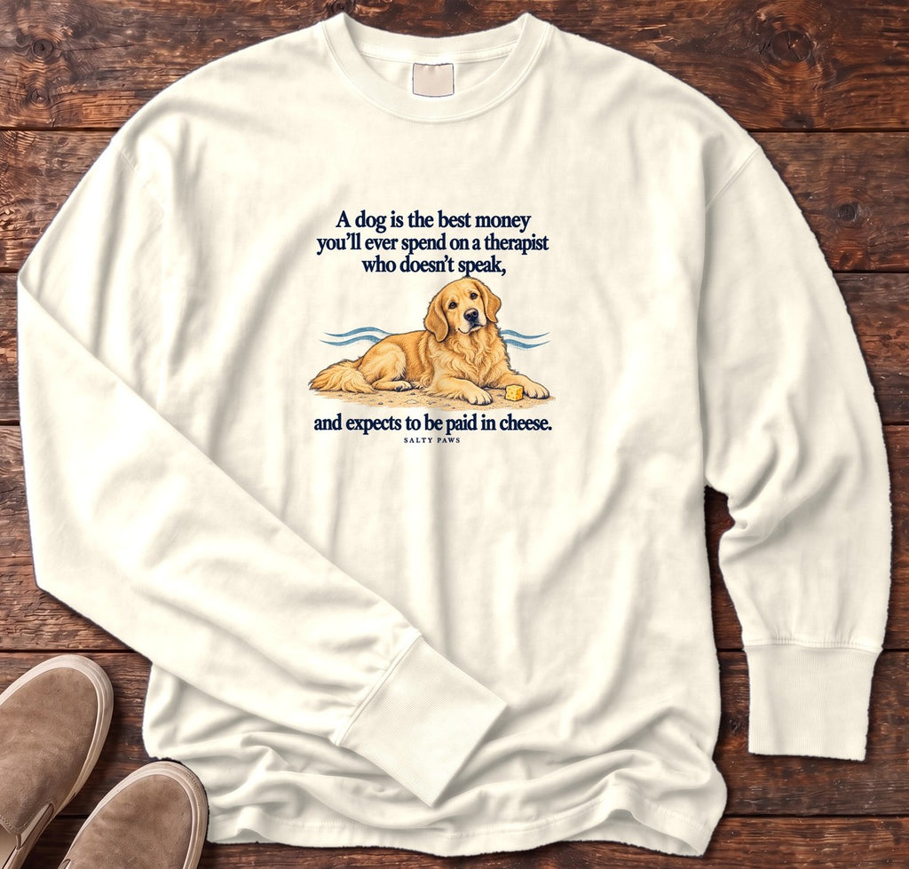 Paid in Cheese Golden Retriever Long Sleeve Tee in Ivory, Salty Paws Comfort Colors Long Sleeve Tee, front design flat lay