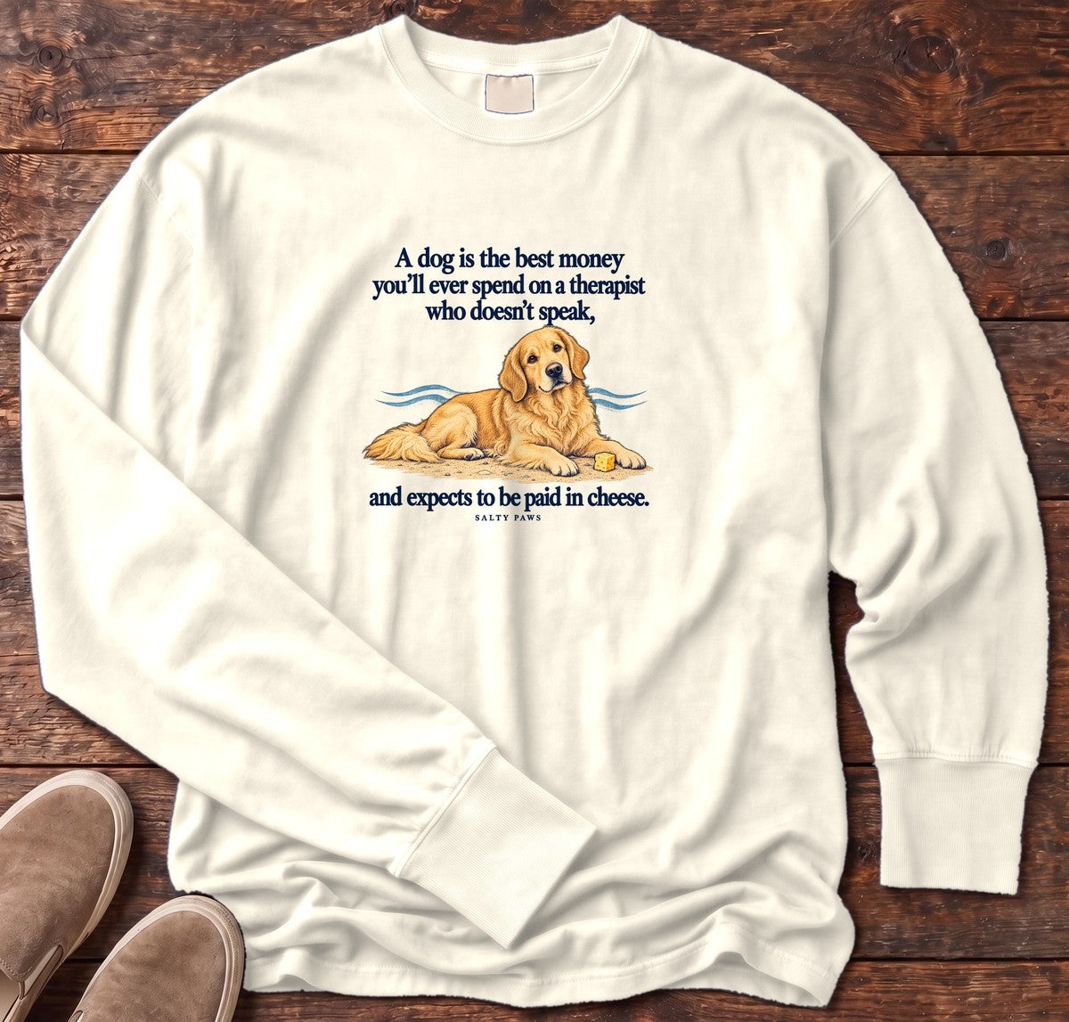 Paid in Cheese Golden Retriever Long Sleeve Tee in Ivory, Salty Paws Comfort Colors Long Sleeve Tee, front design flat lay