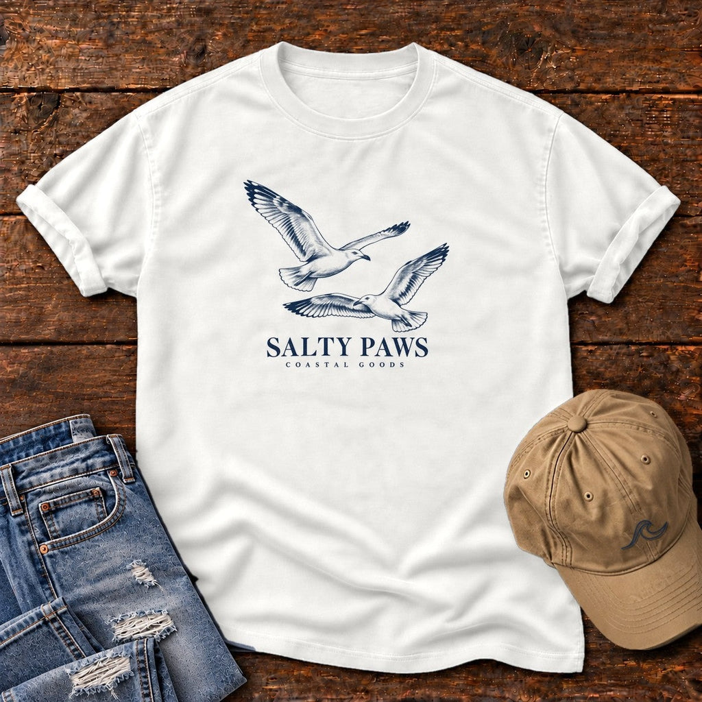 Gull Flight Coastal Goods T-Shirt in White, Salty Paws Comfort Colors T-Shirt, front design flat lay