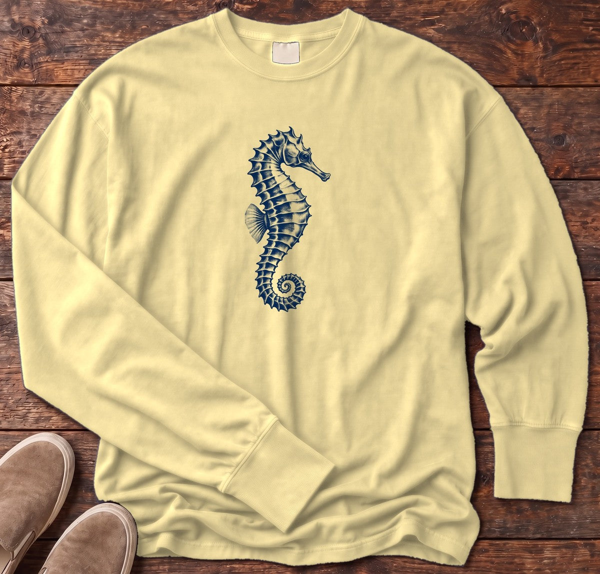 Navy Seahorse Long Sleeve Tee in Butter, Salty Paws Comfort Colors Long Sleeve Tee, front design flat lay