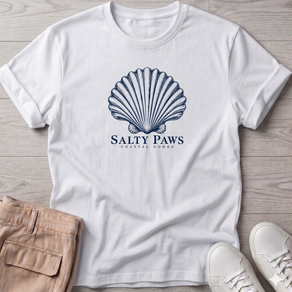 Scallop Shell Coastal Goods T-Shirt in White, Salty Paws T-Shirt, front design flat lay