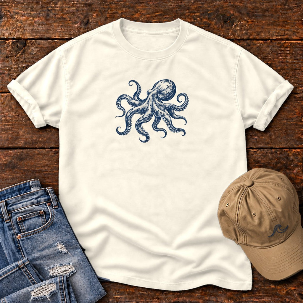 Octopus T-Shirt in Ivory, Salty Paws Comfort Colors T-Shirt, front design flat lay