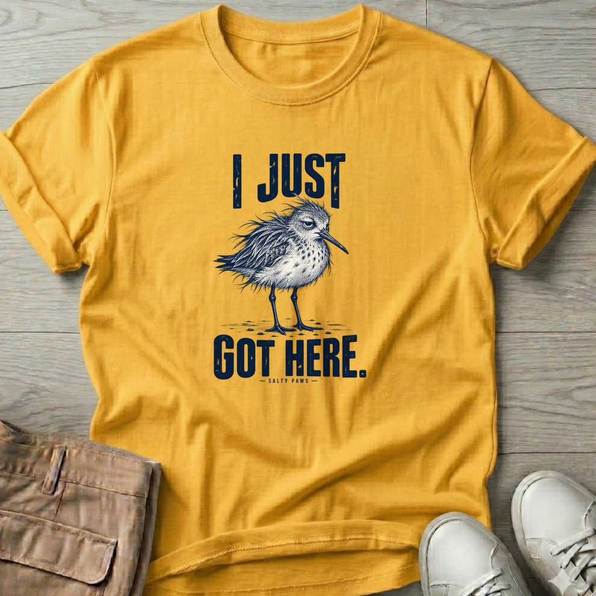 I Just Got Here Sandpiper T-Shirt in Daisy, Salty Paws T-Shirt, front design flat lay